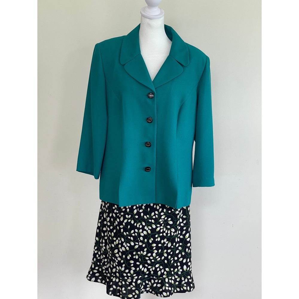 Leslie Fay Teal Blazer and Black Floral Ruffle Skirt Suit Set Size 12